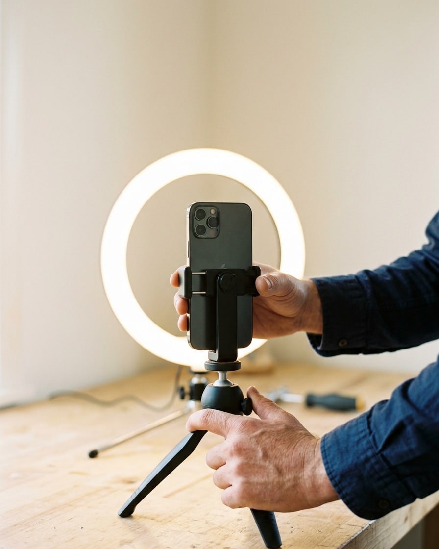 Photo d'illustration — réglage d'un téléphone sur trépied et d'une lampe annulaire pour tourner une vidéo