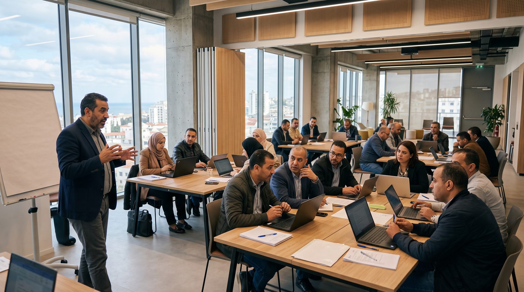 Session de formation en petit groupe, formateur et participants autour d'ordinateurs portables