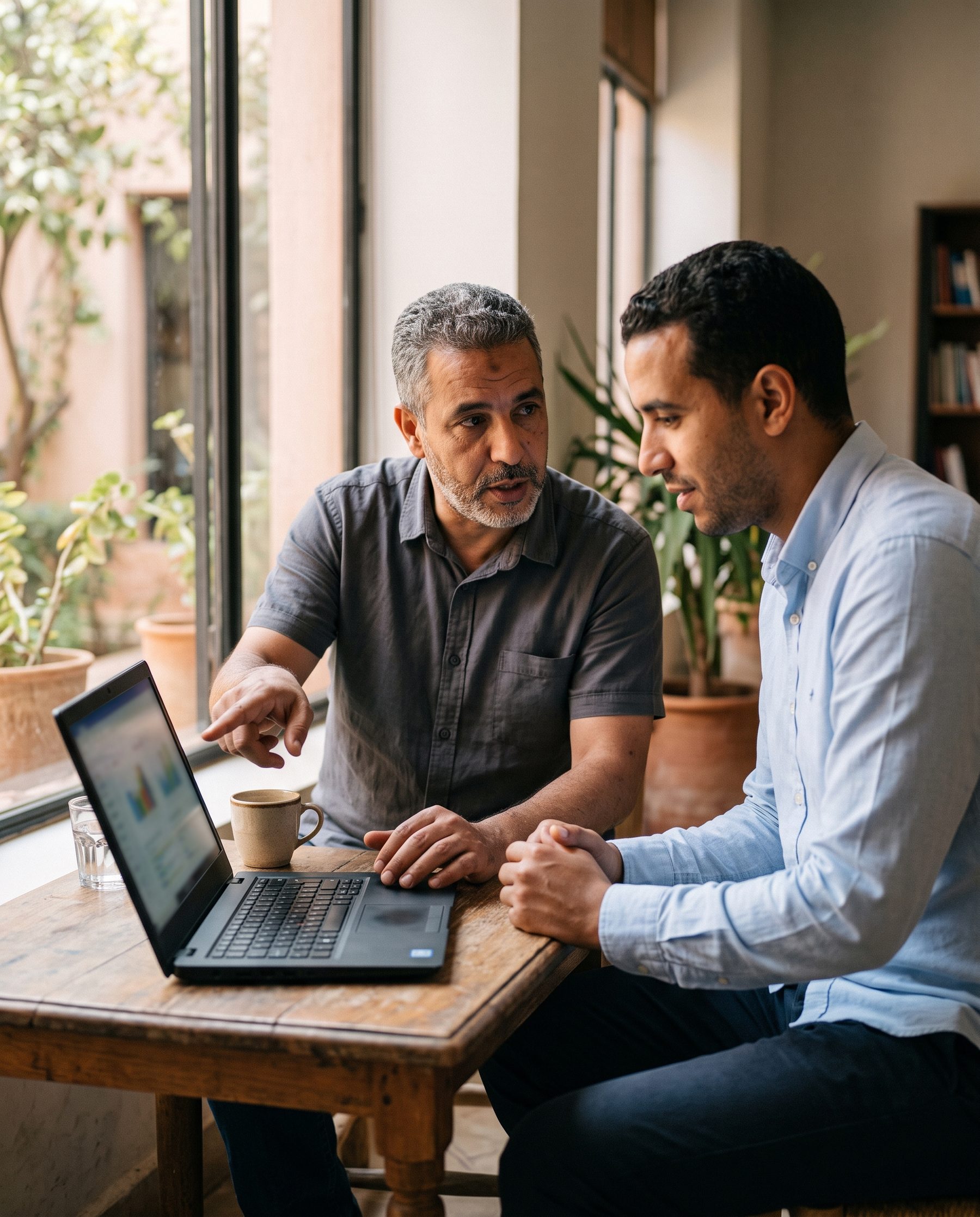 Formateur accompagnant un participant sur son ordinateur, suivi individuel